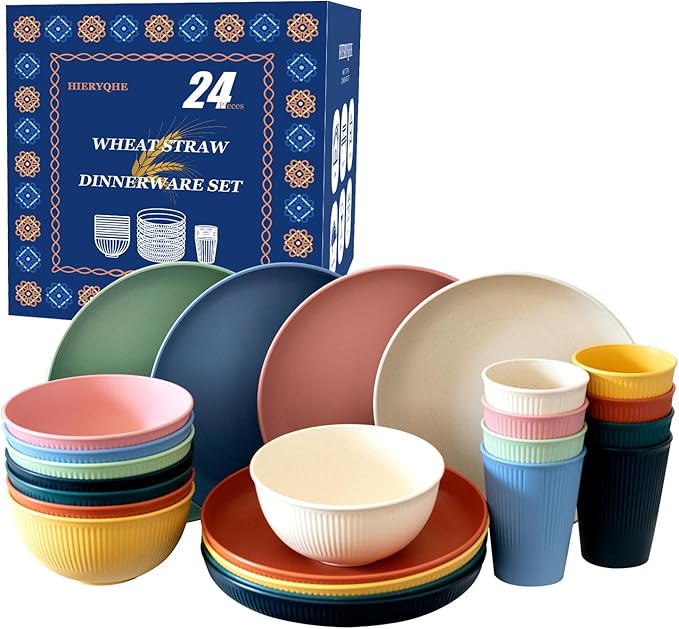 24pcs Wheat Straw Dinnerware Sets For 8, Unbreakable Plates and Bowls Wheat Straw Dinnerware Microwavable Cups Plates and Bowls Sets Shatterproof For Outdoor Kitchen Camping