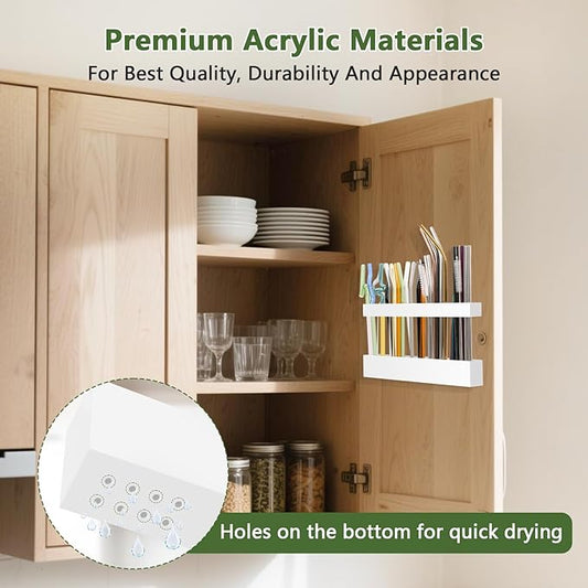 9.5” Large Acrylic Straw Holder for Cabinet Door - Reusable Tumbler Straw Organizer Storage, Small Kitchen Accessories Container, Ultra Sticky Cupboard Door Mounted (White)