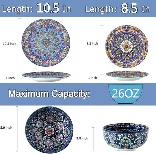 glowworm Bohemian Dinnerware Sets, Ceramic Dishes Set for 4, 12 Pieces Plates and Bowls Set, Oven, Microwave & Dishwasher Safe, Scratch Resistant