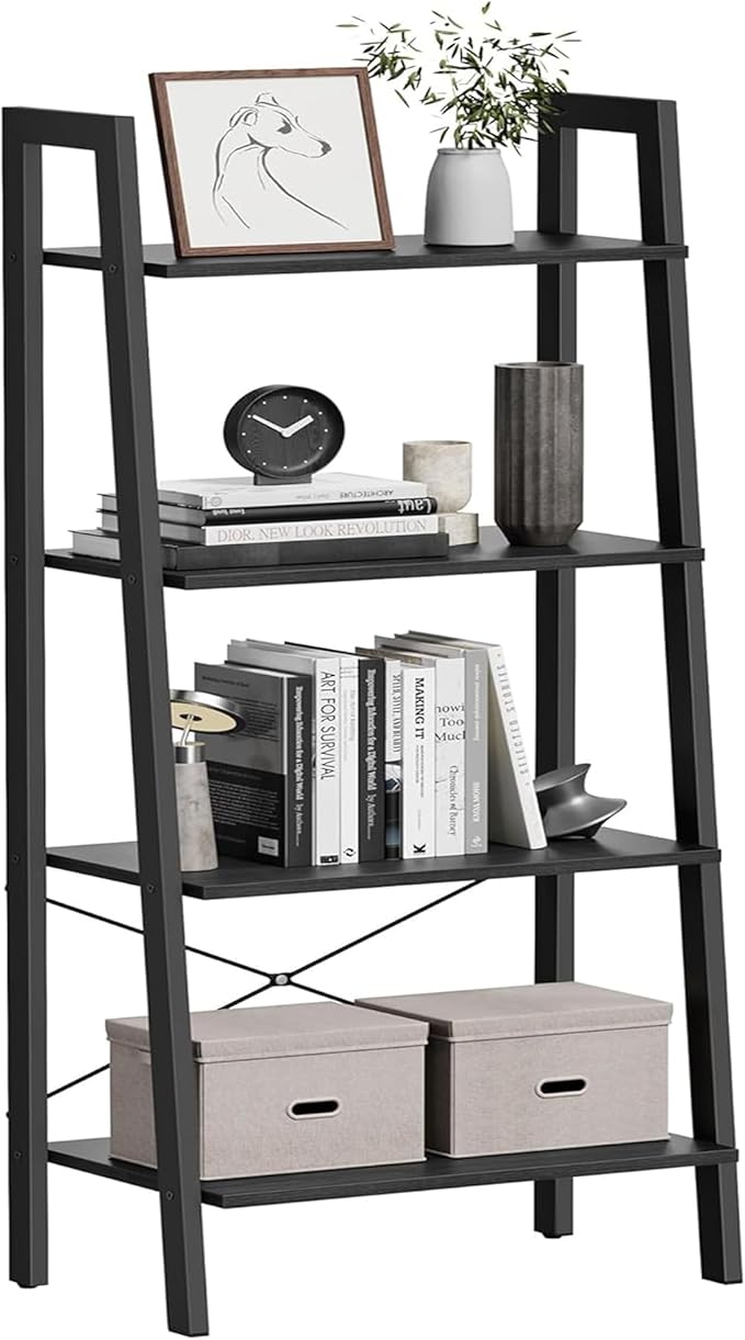 VASAGLE Ladder Shelf, 4-Tier Bookshelf, Storage Rack, Bookcase with Steel Frame, for Living Room, Home Office, Kitchen, Bedroom, Industrial Style, Charcoal Gray and Ink Black ULLS044B04