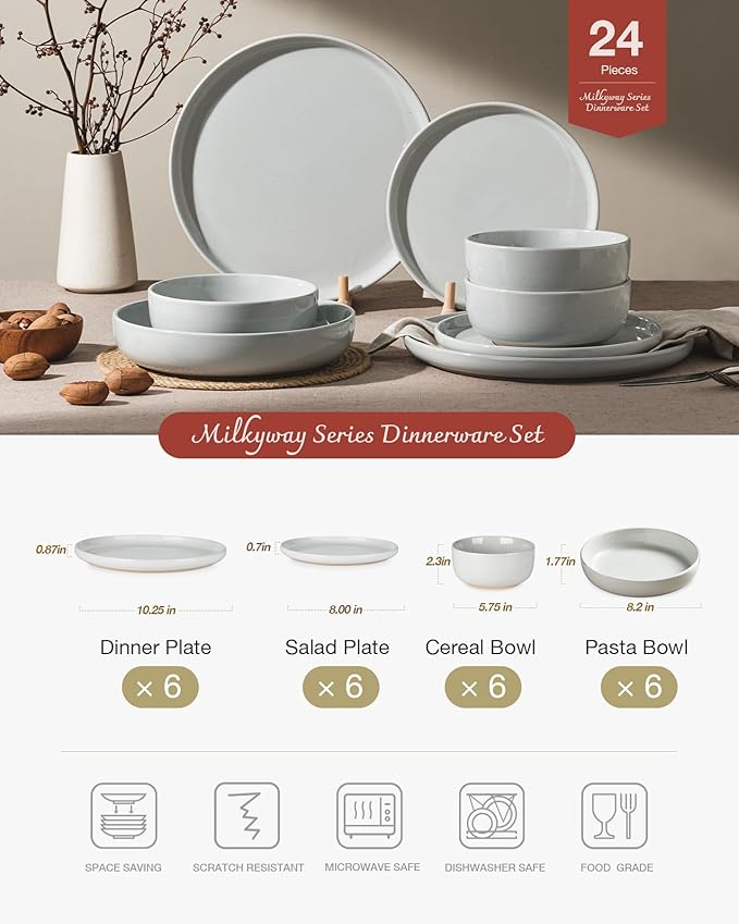 Famiware Milkyway Stoneware Dinnerware Sets with Pasta Bowls, Service for 6 (24 Pieces), Plates and Bowls Sets -Scratch Resistant, Microwave and Dishwasher Safe Dishes Set, Light Gray