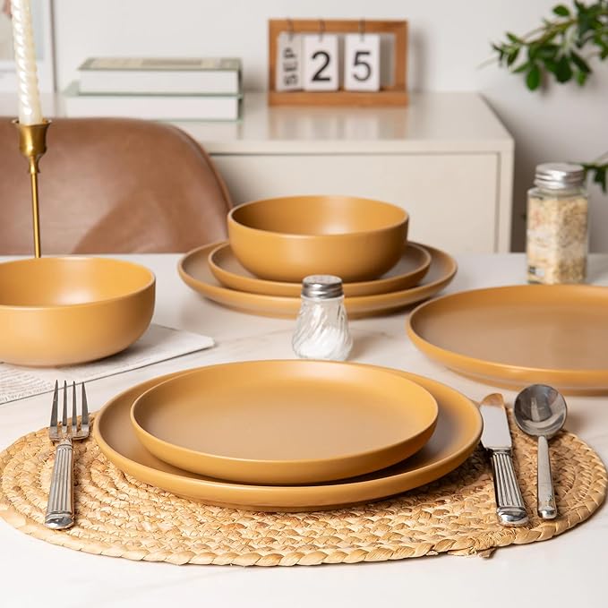 12-Piece Stoneware Dinnerware Set with Mugs | Microwave and Dishwasher Friendly | Stackable Matte Glaze Plates & Bowls | Service for 3 (Orange for 3)