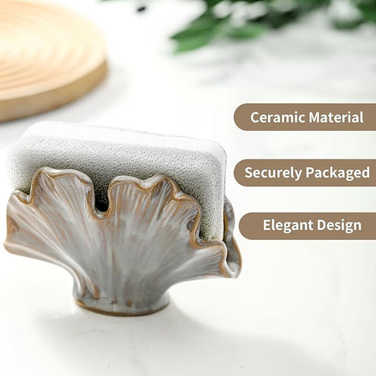 Ceramic Sponge Holder,Sponge Holder for Kitchen Sink,Compact Sink Caddy Organizer-Scouring Pad and Dish Holder,Farmhouse Kitchen Decor Cute Gadgets Accessories(Brown Grey)