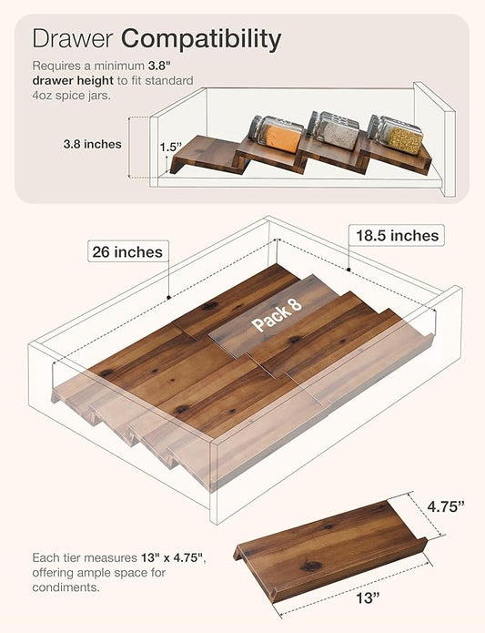 Tinamo Acacia Wooden Spice Rack Organizer for Cabinet - Spice Drawer Insert, Spice Organization for Cabinet, Seasoning Organizer, Spice Holder Pack of 8 (Walnut pack 8)