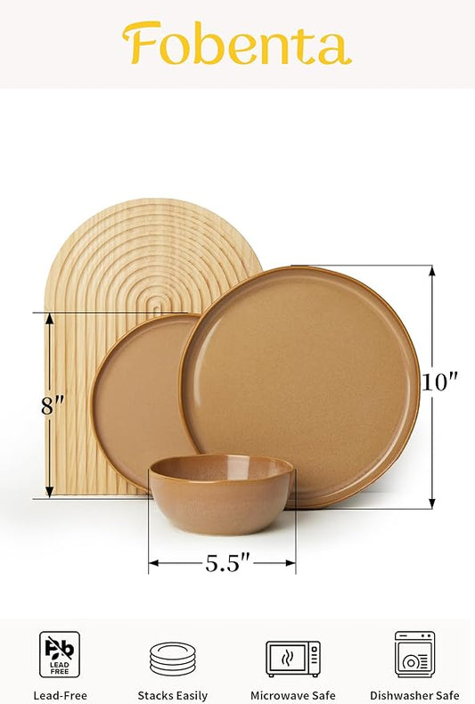 Handcrafted Dish Set for 8,24 Piece Rustic Brown Ceramic Plates and Bowls Set – Vintage-Inspired Dinnerware Sets for Hosting & Everyday Warmth