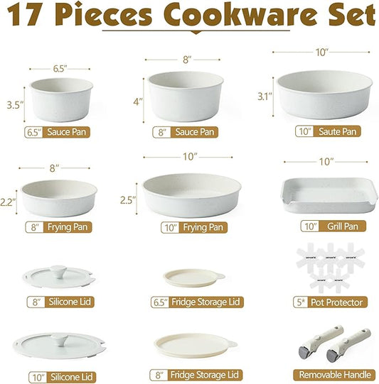 SENSARTE 17 Piece Pots and Pans Set, Nonstick Detachable Handle Cookware Set, Induction Kitchen Cookware Set with Removable Handle, Healthy Non Stick for RV, Dishwasher & Oven Safe, PFOA Free (White)