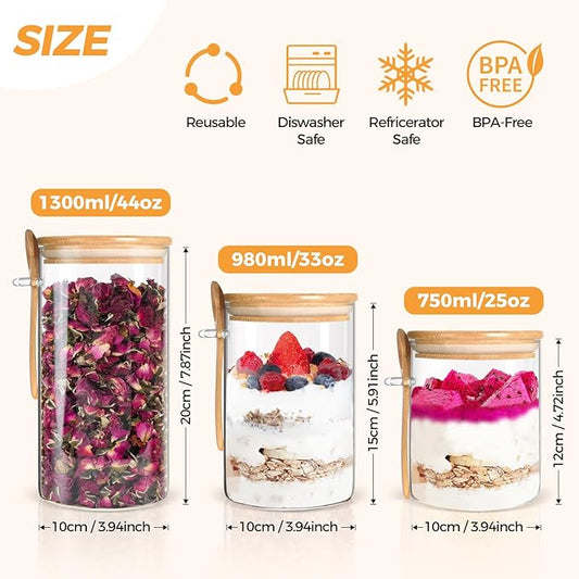 Glass Storage Containers 25oz/ 33oz/ 44oz with Bamboo Lids and Spoons, Glass Food Storage Jar with Lids, Kitchen Canisters Pantry Organizers for Cookie Tea Coffee Bean Overnight Oats (Set of 3)