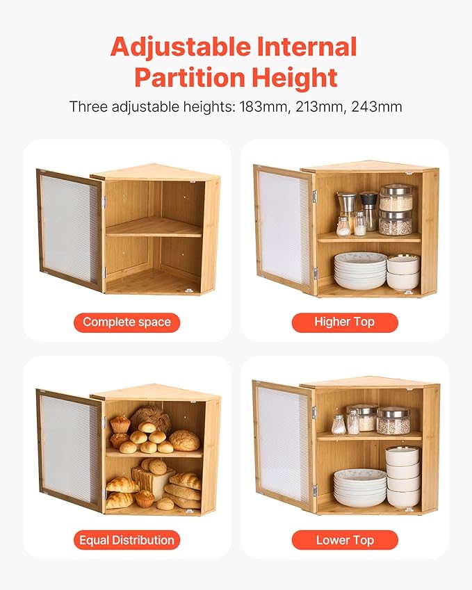VEVOR Corner Bread Box for Kitchen Counter, Double Layer Large Capacity Bamboo Bread Storage Container, Farmhouse Wooden Breadbox for Homemade Bread, Storage Holder Bin with Acrylic Wavy Door, Natural
