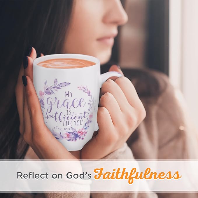 Christian Art Gifts Encouraging Ceramic Coffee & Tea Scripture Mug for Women: My Grace Is Sufficient Inspirational Bible Verse, Microwave/Dishwasher Safe, Cute Drinkware, White & Purple Floral, 12 oz.