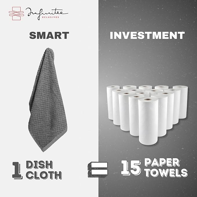 Infinitee Xclusives Premium Dish Cloth 100% Cotton 12 x 12 Inches |Pack of 4| - Ultra Soft Tea Towels - Highly Absorbent Kitchen Rags - Terry Dishcloth for Kitchen and Household Cleaning |Grey|