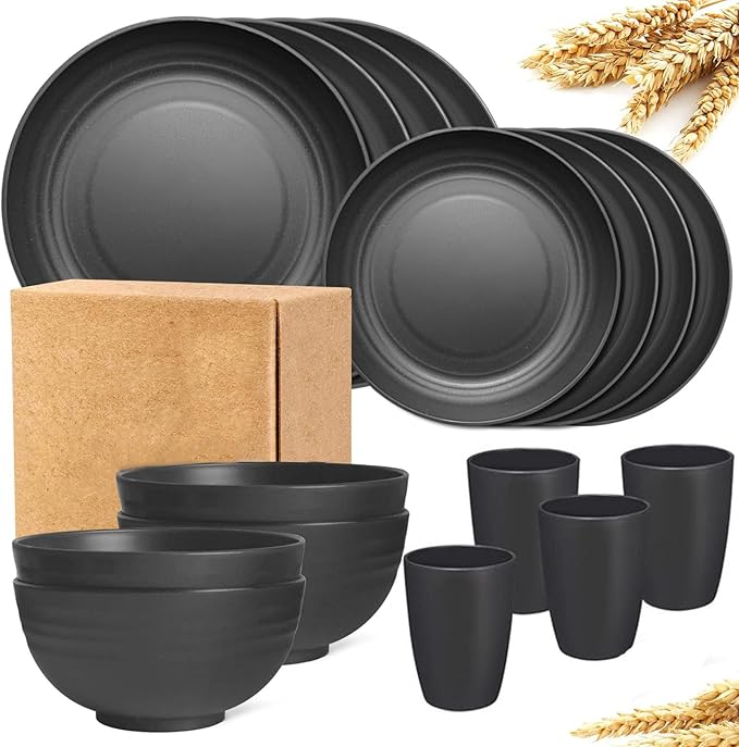 24-Piece Black Unbreakable Wheat Straw Dinnerware Set -Plates and Bowls Sets for 6, Eco-friendly Dishes Set for 6