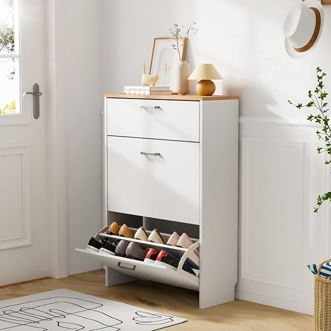 VINGLI Shoe Cabinet Storage for Entryway Ultra Slim with 2 Flip &1Drop-Down Drawers, 24.8" W Narrow Shoe Cabinet for Front Door Entrance,Freestanding Modern White Wood Shoes Organizer for Hallway