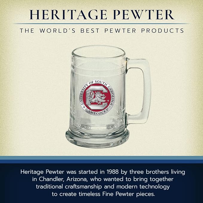 Heritage Pewter South Carolina Gamecocks Stein Glass | 15 Ounce German-Style Beer Glass | Intricately Crafted Metal Pewter Alma Mater Inlay