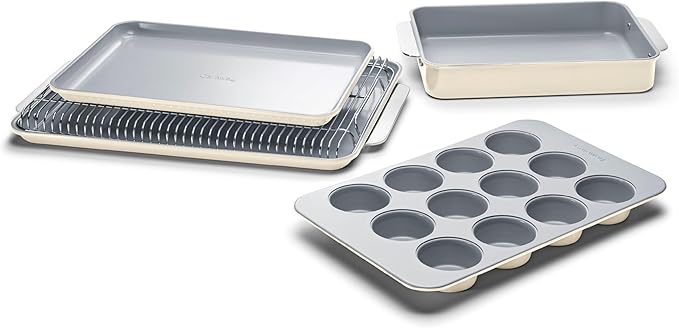 Caraway Nonstick Ceramic Bakeware Set (5 Pieces) - Baking Sheets, Assorted Baking Pans & Storage - Aluminized Steel Body - Non Toxic, PTFE & PFOA Free - Cream