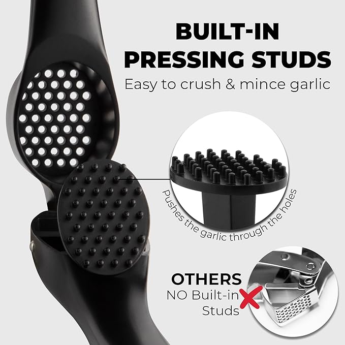 Zulay Kitchen Premium Garlic Press Set – Rust Proof & Dishwasher Safe Garlic Mincer Tool with Silicone Garlic Peeler & Brush, Easy Squeeze & Clean, Ergonomic Soft Grip Handle - Medium – Black