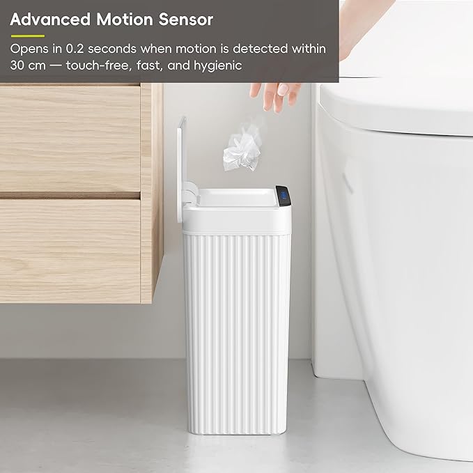 EKO Brio 10L/2.6 Gallon Motion Sensor Trash Can, Automatic Touchless Bathroom Garbage Bin, Waterproof Smart Trash Can for Kitchen, Bedroom, and Office, White