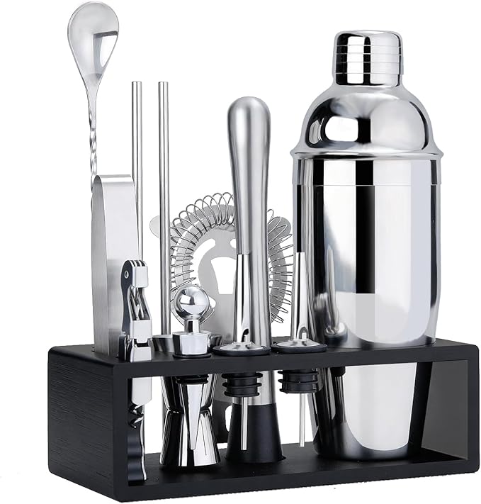 TNGO Cocktail Shaker Set - Mixology Bartender Kit with Sleek Stand - Premium Bar Tool Set All Bar Accessories Includes Martini Shaker Drink Mixer, Muddler, Jigger, Strainer, Bar Mixer Spoon