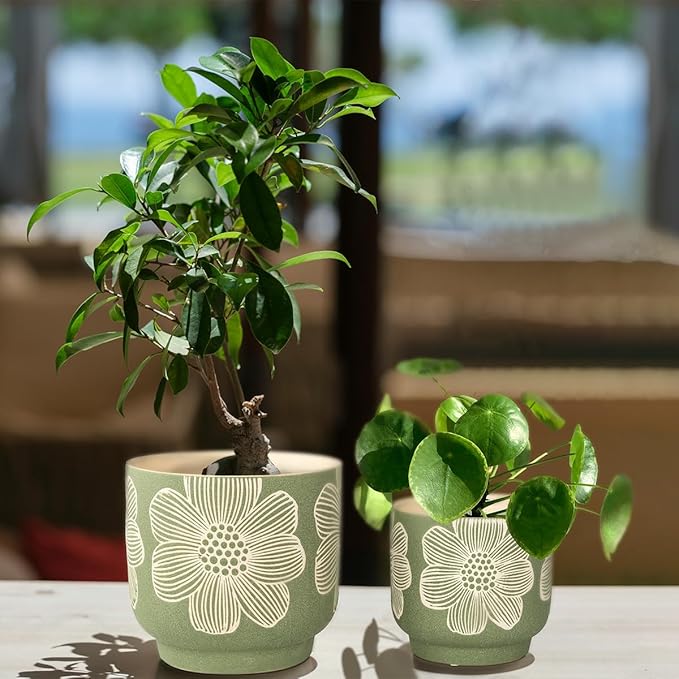 YBX 8 Inch + 6 Inch White Flower Pattern Plant Pots, Sand Glazed Ceramic Planter with Drainage Hole, Flower Pots for Indoor Plants, Tan & White