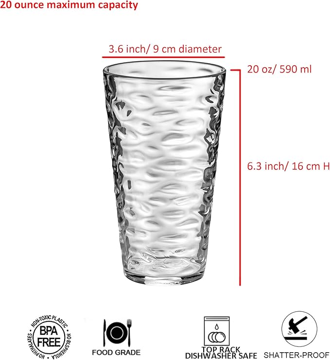 14-ounce and 20-ounce Plastic Tumblers, Acrylic Drinking Glasses, set of 8 Clear Reusable Plastic Cups, Stackable, BPA-Free, Shatter-Proof, Dishwasher-Safe