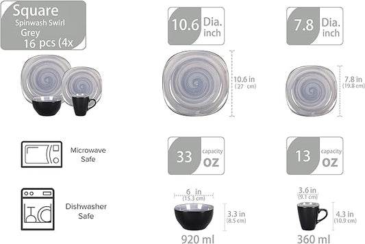Stoneware Square 16pc Dinnerware Set, Inside Spinwash Swirl Grey + Outside Black