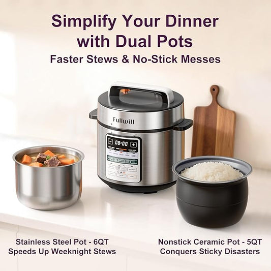 Fullwill Dual-Pot Electric Pressure Cooker 6+5QT(2025 Upgraded), 12-in-1 Multi-Cooker for Pressure Cooking, Soup, Yogurt, Stew, Rice