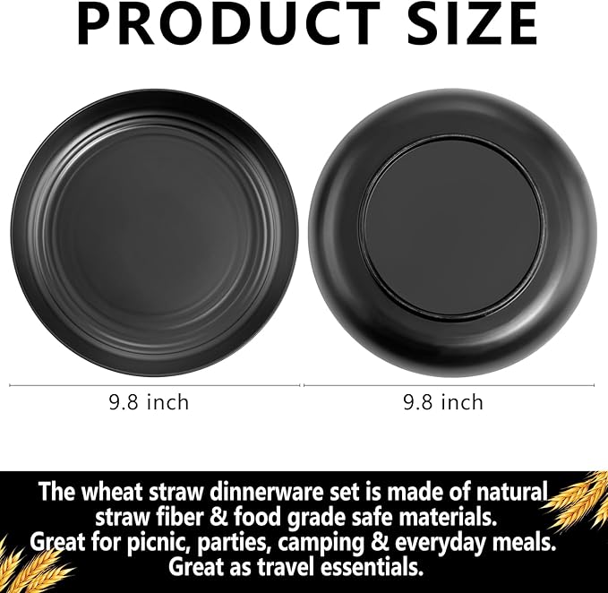 supernal 16pcs Black Wheat Straw Plates,10 inch Unbreakable Dinner Plates,Reusable Plastic Plates,Dishwasher & Microwave Safe,Lightweight Dinnerware Plat Set for Kitchen,Camping