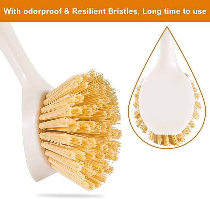 2 Pack Kitchen Dish Brushes with Bamboo Handle, Dish Scrubber Built-in Scraper, Scrub Brush for Pans, Pots, Counter & Kitchen Sink Cleaning, Dishwashing and Cleaning Brush Tools, White