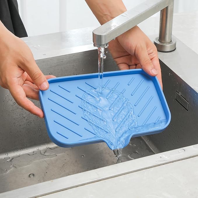 Silicone Bathroom Soap Dishes with Drain Spout Bathroom and Kitchen Sink Organizer,Sponge Holder,Dish Soap Tray,Perfect for Dispenser,Scrubber,Bottle,Cup on Counter Lichen Blue 9.6"×5.3"