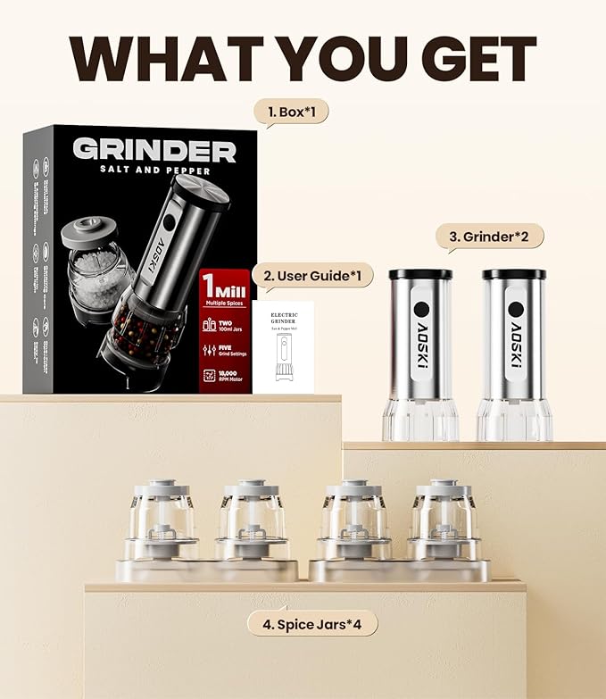 Electric Salt and Pepper Grinder Set: 2 Grinder + 4 Replaceable Jars - Stainless Steel & Separate Hoppers - For Gourmet Sessions - Prevents Spice Mixing for Foodies (2 Grinder + 4 Jars)