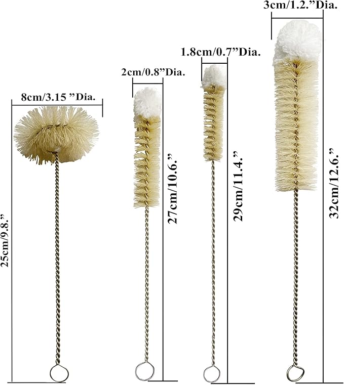 Coralpearl Bottle Brushes Thin Long Handle X 4, Skinny Wire Cleaner Set in Stainless Steel with Natural Boar Bristle at Wool Tip, Bendable Flexible for Cleaning Narrow Neck Bottles, Pipe, Tube, Hose