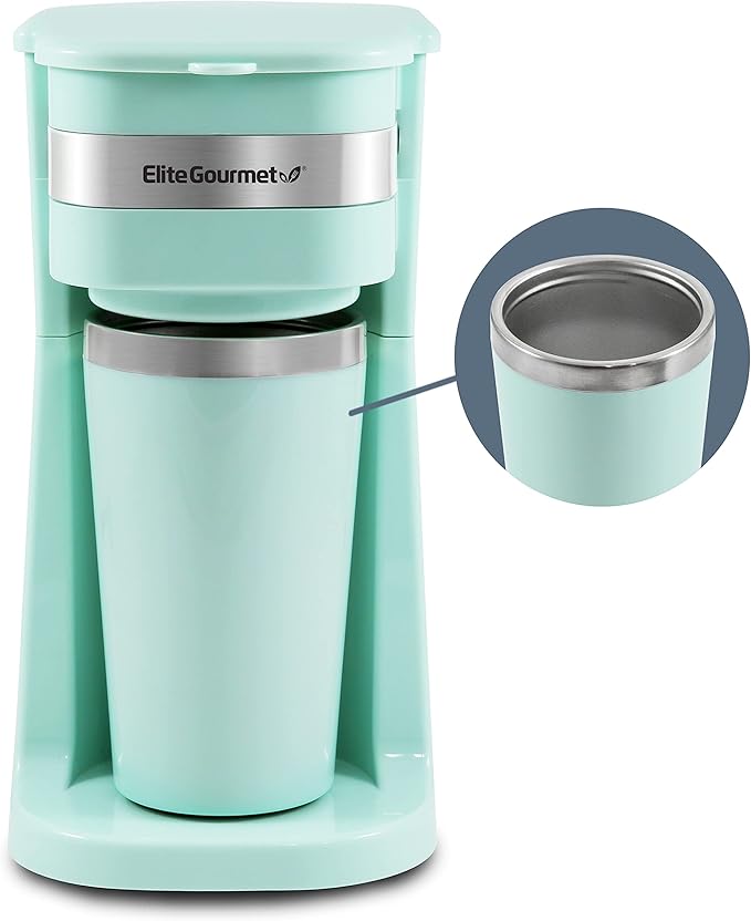 Elite Gourmet EHC117M Personal Single-Serve Compact Coffee Maker Brewer Includes 14Oz. Thermal Travel Mug with Stainless Steel Interior, Compatible with Coffee Grounds, Reusable Filter, Mint