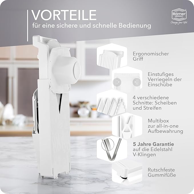 Börner V3 TrendLine Mandoline Starter Set (6 pcs.) • Vegetable Slicer (V-Slicer) + Safety Guard + Inserts + Collection Tray + Multibox • Kitchen Slicer Set (White)