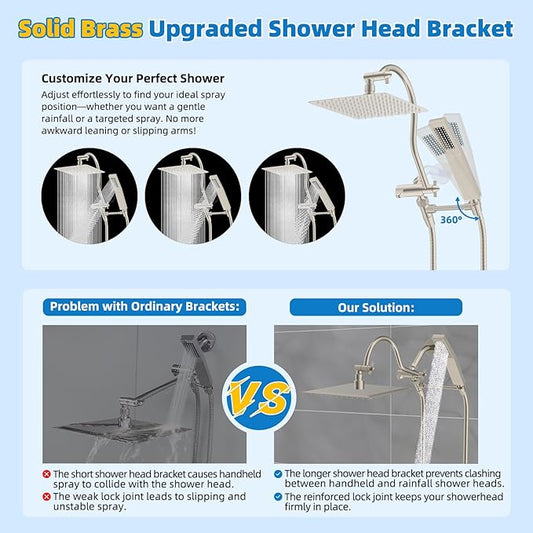 Hibbent All Metal Shower Head, 8'' High Pressure Rainfall Shower Head, Showerhead Combo, Handheld Shower Wand, 12'' Adjustable Curved Extension Arm, 71'' Hose, Shower Head Holder, Brushed Nickel