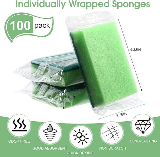 Tioncy 100 Pcs Individually Wrapped Sponges Kitchen Green Bulk Dish Non Scratch Scrub Sponges Dual Sided Cleaning Dish Scrubber for Washing Dishes, Pots, Pans, Sinks, Stoves, Appliances, Car, Bike