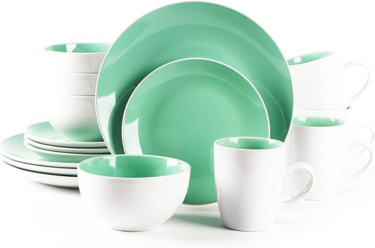 Stoneware Coupe Shape 16pc Dinnerware Set, Outside White + Inside Teal