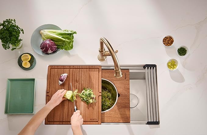 Ruvati 33-inch Rounded Corner 16 Gauge Stainless Steel Workstation Sink - Modern Two-Tiered Ledge Undermount Kitchen Sink, Perfect for Stainless Steel Sink Kitchens - RVH6222ST