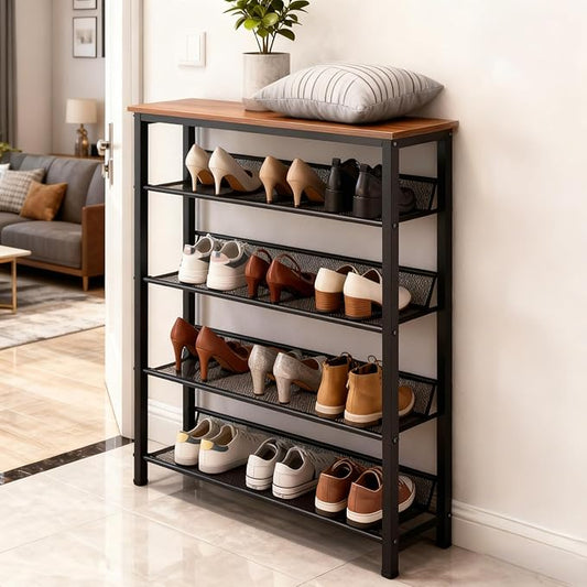 5-Tier Shoe Rack, Shoe Storage Shelf with 4 Metal Mesh Shelves, Shoe Rack Organizer for 15-20 Pairs, Durable and Stable, for Closet and Entryway, Brown and Black