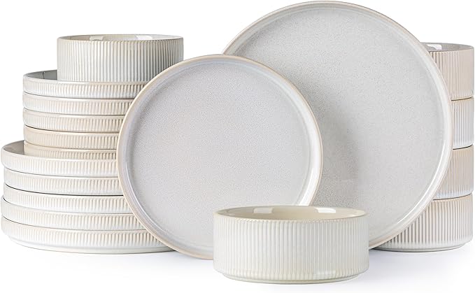 TheTerra Ceramic Dinnerware Sets for 6, 18 Pieces Porcelain Lightweight Plates and Bowls Sets, Scratch Resistant Dish Set, Oven & Microwave & Dishwasher Safe, Reactive White