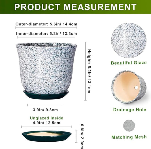 5.6 Inch Plant Pot - Ceramic Plant Pots for Indoor Outdoor, Round Orchid Succulent Pots with Drainage Hole and Saucer, Modern Flower Pot, Home Office Decor, Green-White