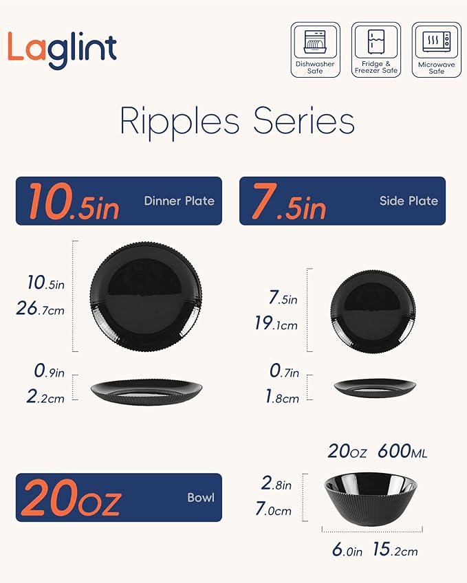 Dinnerware Sets for 4, 12 Pieces Opal Glass Plates and Bowls Set, Dishwasher and Microwave Safe Ribbed Dish Dinning Ware, Chip and Scratch Resistant Dishware, Black