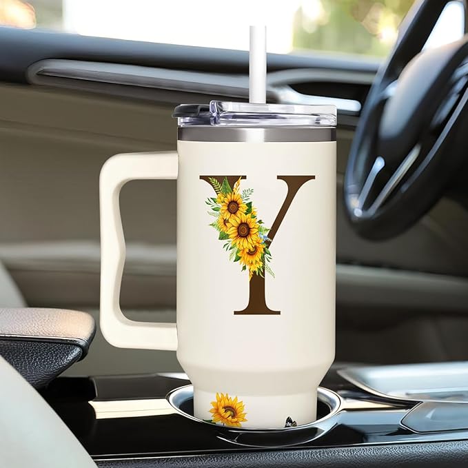 Personalized Birthday Gifts For Women - Sunflowers Monogrammed Cup For Boss Day, Christmas - Customized Gifts For Women, Mom, Wife, Coworkers, Boss Lady, Her - Custom Tumbler With Handle 40oz