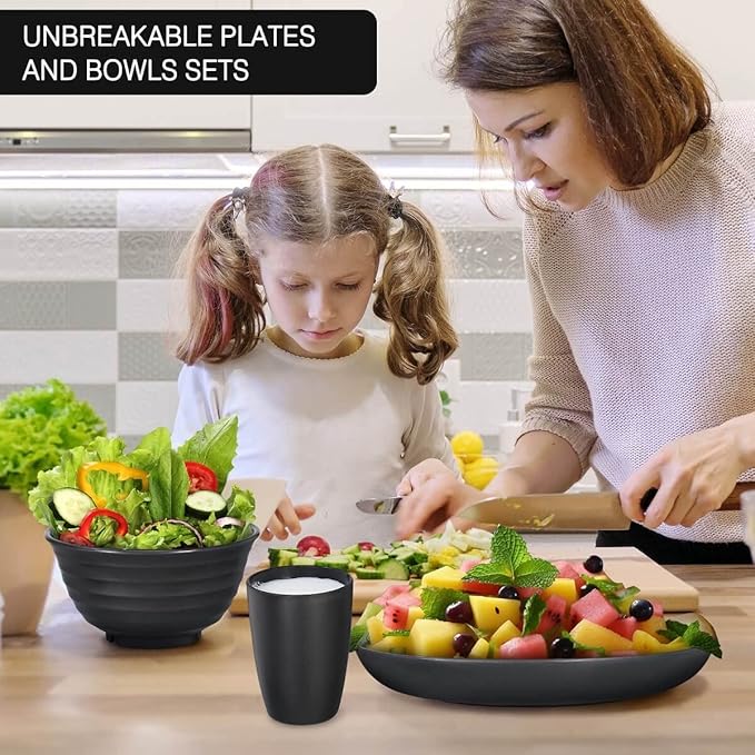 12pcs Plastic Wheat Straw Dinnerware Sets, Wheat Straw Plates and Bowls Sets for 4 College Dorm Room Essentials Microwave Dishwasher Safe (Black)
