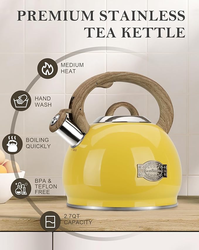 Tea Kettle for Stovetop, 2.7 Quart Loud Whistle Stovetop Teapots,Food Grade Stainless Steel Tea kettles for Stove Top with Anti-hot Ergonomic Handle,Suitable for All Heat Sources,Yellow