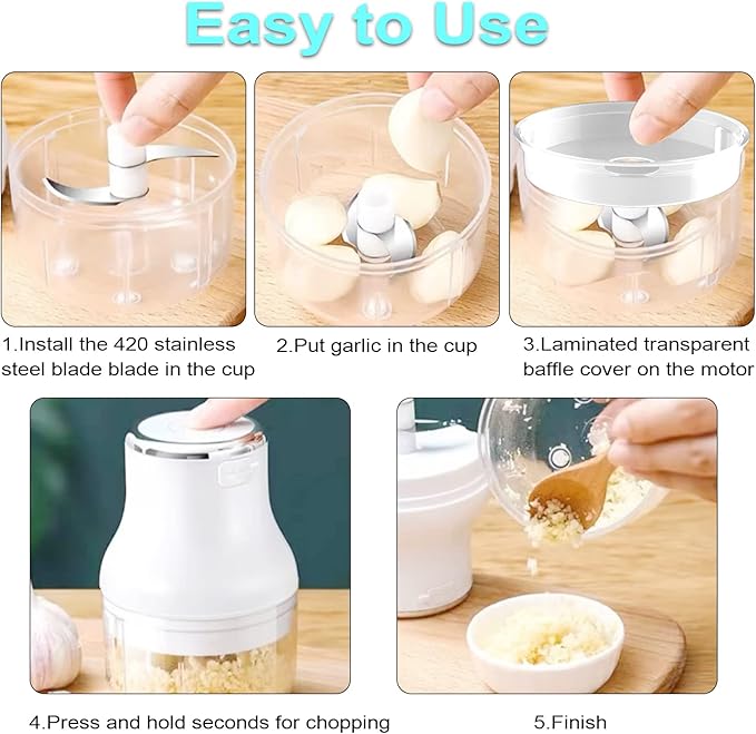Garlic Chopper, Mini Food Processor, USB Rechargeable Mini Chopper, Powerful Garlic Crusher, Blender to Vegetable, Wireless Vegetable Chopper for Ginger, Chili, Fruit, Meat, etc(250ML)