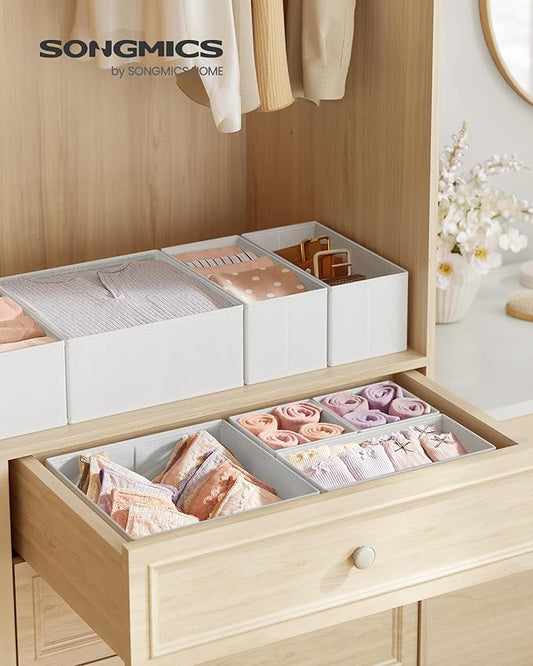 SONGMICS Drawer Organizers, Dresser Divider Organizers, Set of 18, Foldable Fabric Storage Boxes for Socks, Underwear, Bras, Ties, Scarves, Cloud White URDZ006W03