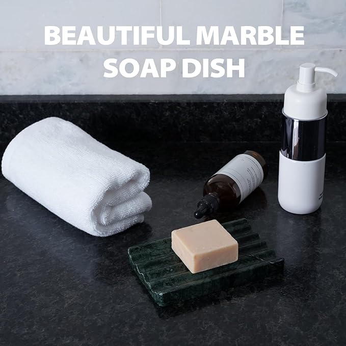 Marble Soap Dish, Soap Holder for Shower, Green Bar Soap Holder with Water Ripple Design, Easy Cleaning Stone Soap Saver for Kitchen Sink,Bathroom, Executive Indian Natural Stone Soap Tray