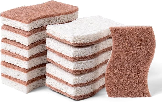 Eco-Friendly Sisal and Wood Pulp Cotton Double-Sided Cleaning Sponges - 12 Pack, S-Shaped Biodegradable Scrubbers for Kitchen, Dishes, and More (4.3 x 2.8 x 0.7 Inches Each)