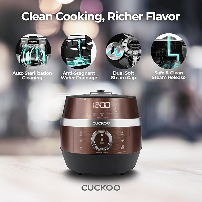 CUCKOO CRP-JHR1009F | 10-Cup (Uncooked) Induction Heating Pressure Rice Cooker | 19 Menu Options, Auto-Clean, Voice Guide, Made in Korea | Copper