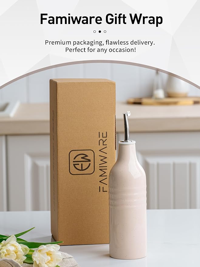 famiware Jupiter 16oz Ceramic Olive Oil Dispenser Bottle, Olive Oil and Vinegar Dispenser Bottle Set of 2 with Stainless Steel Pourers, Suitable for Storage Vinegar, Liquids, Light Blue & Light Pink