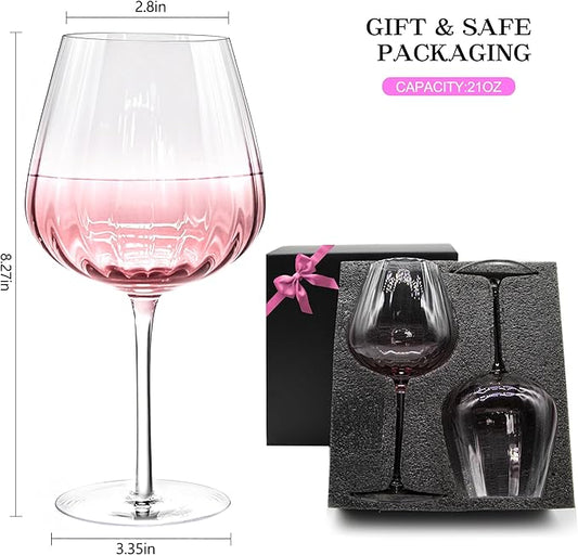 Pink Wine Glasses Set of 2, Birthday Gifts for Women, 21oz Large Wine Glasses, Colored Crystal Glassware, Unique Drinkware Gift for Friend, Mom, Wife, Wedding, Anniversary, Special Occasions